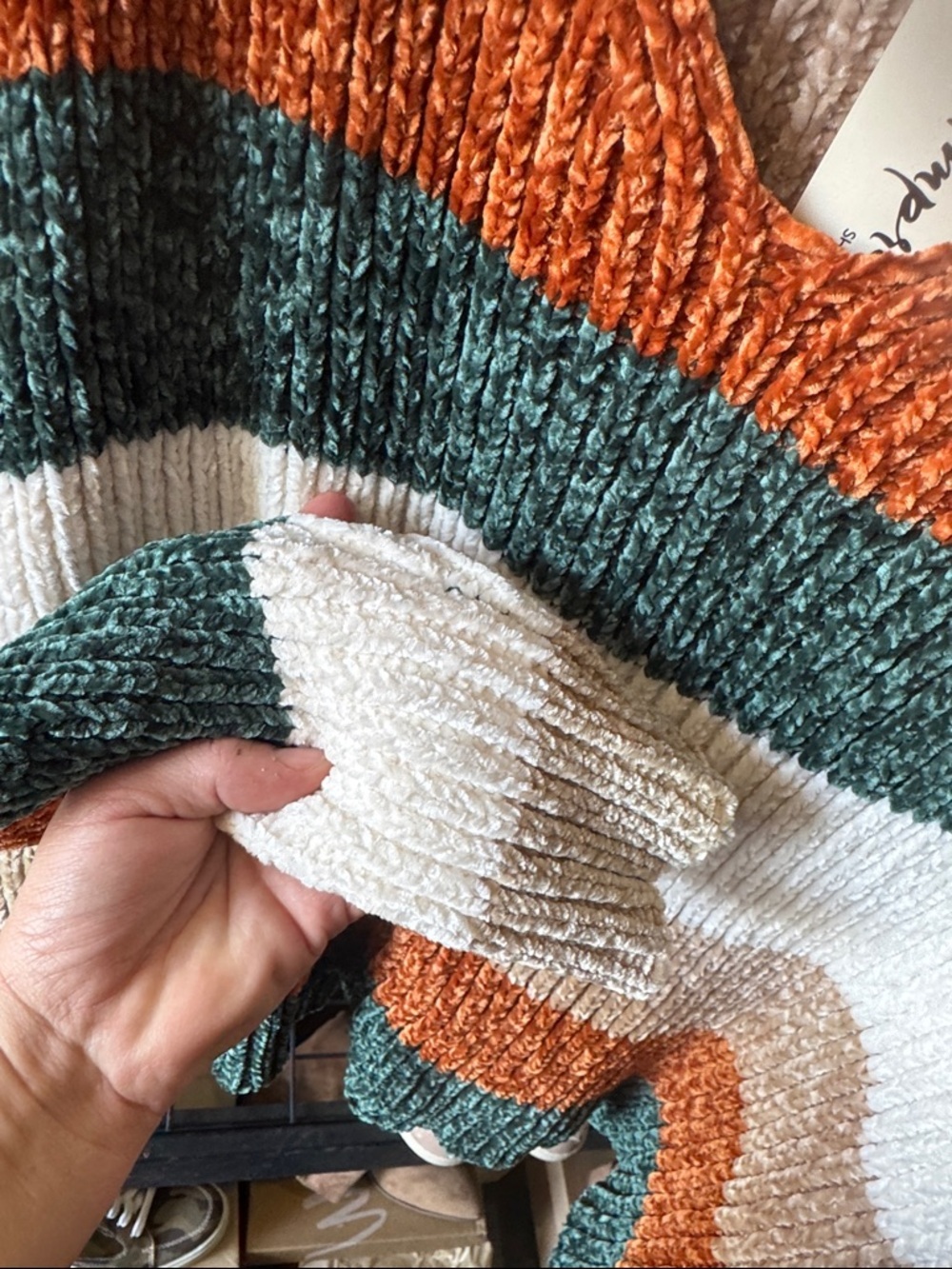 Impressions Striped V-Neck Sweater in Cream, Rust Orange & Green - Picture 3 of 4